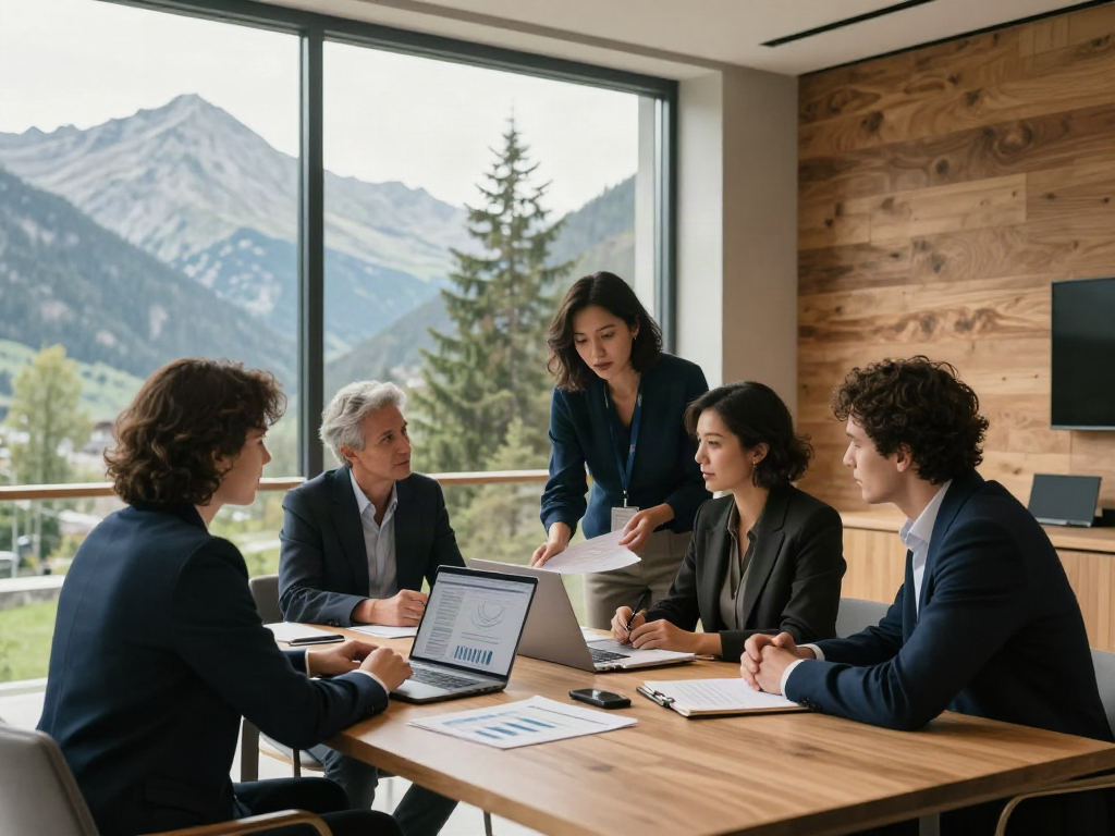 Consultants collaborating on business strategy in a light-filled Alpine office